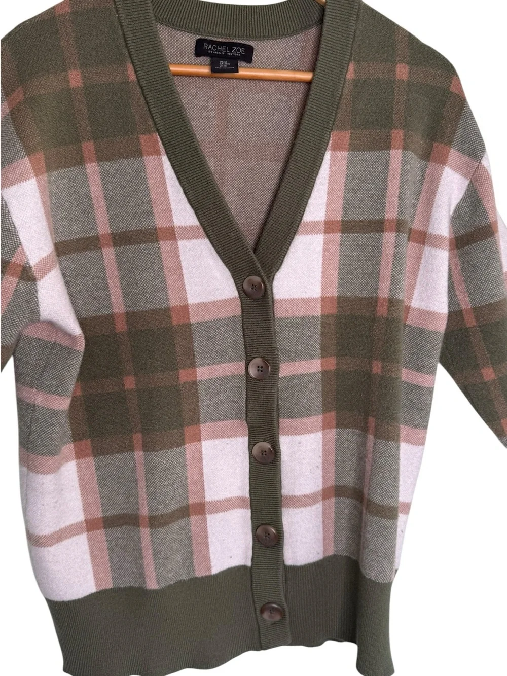 Rachel Zoe Plaid V-Neck Soft Knit Cardigan Olive Green Tan Medium